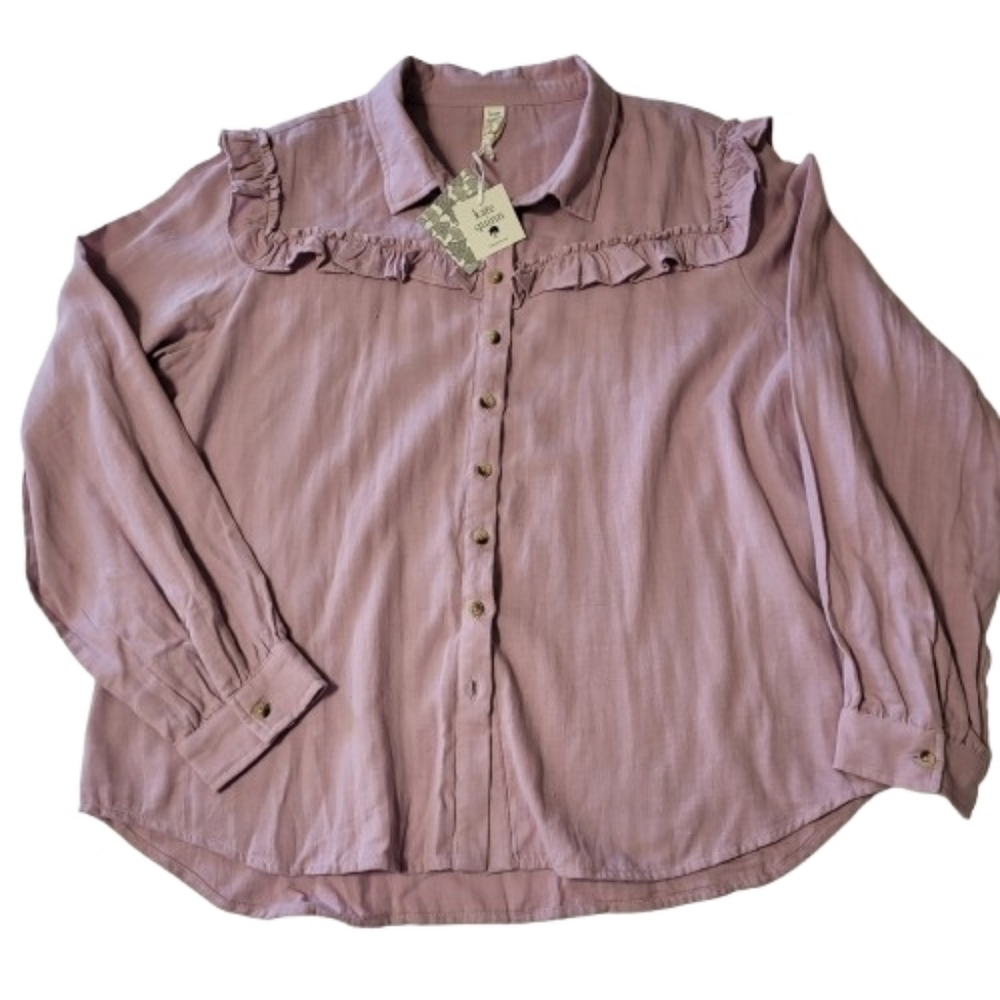 Kate Quinn Ruffle Yoke Lavender Blouse Button Down NWT Organic Cotton Womens XXL